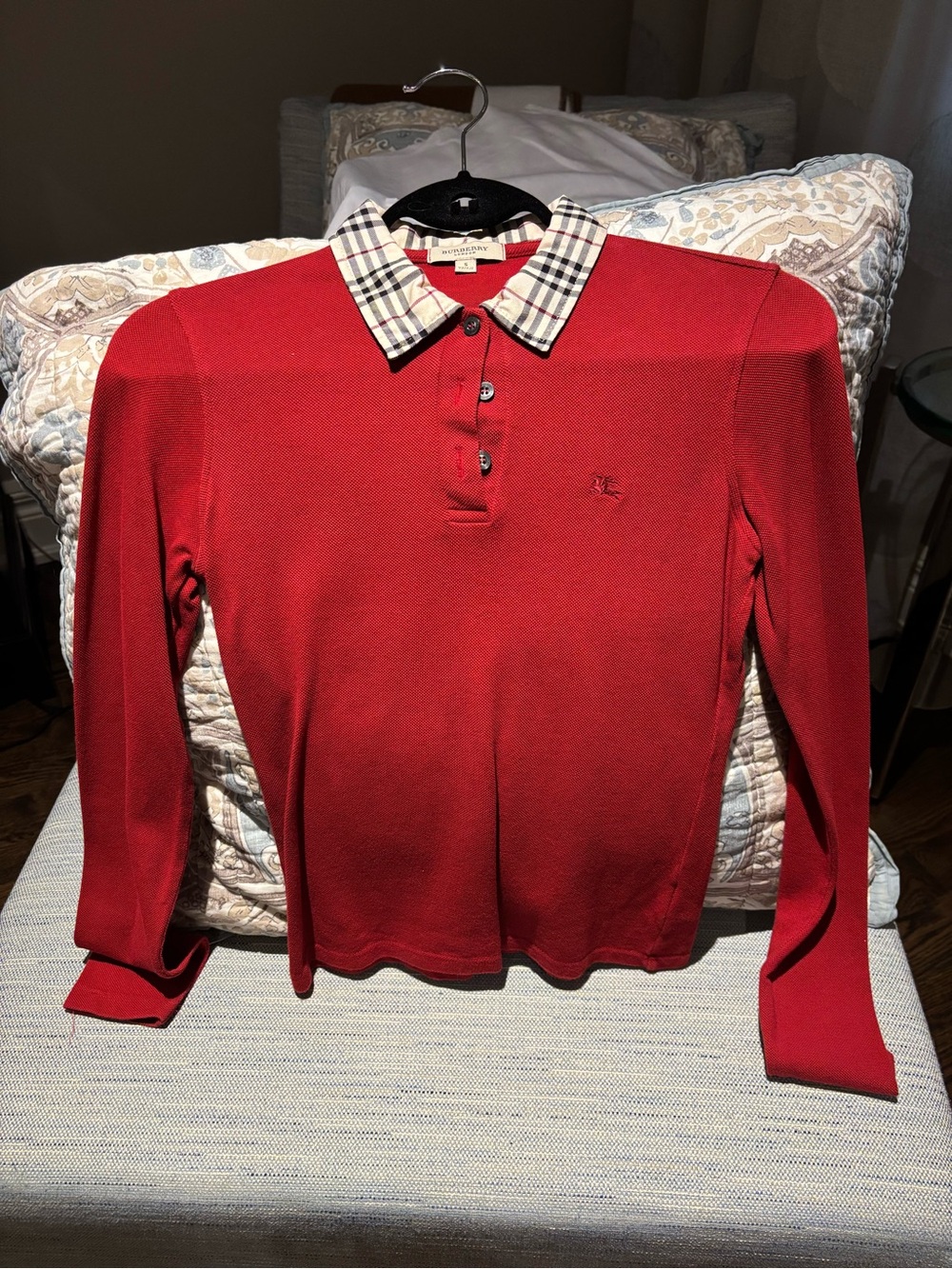 Burberry Red Long Sleeve V-Neck Sweater with Signature Check Collar